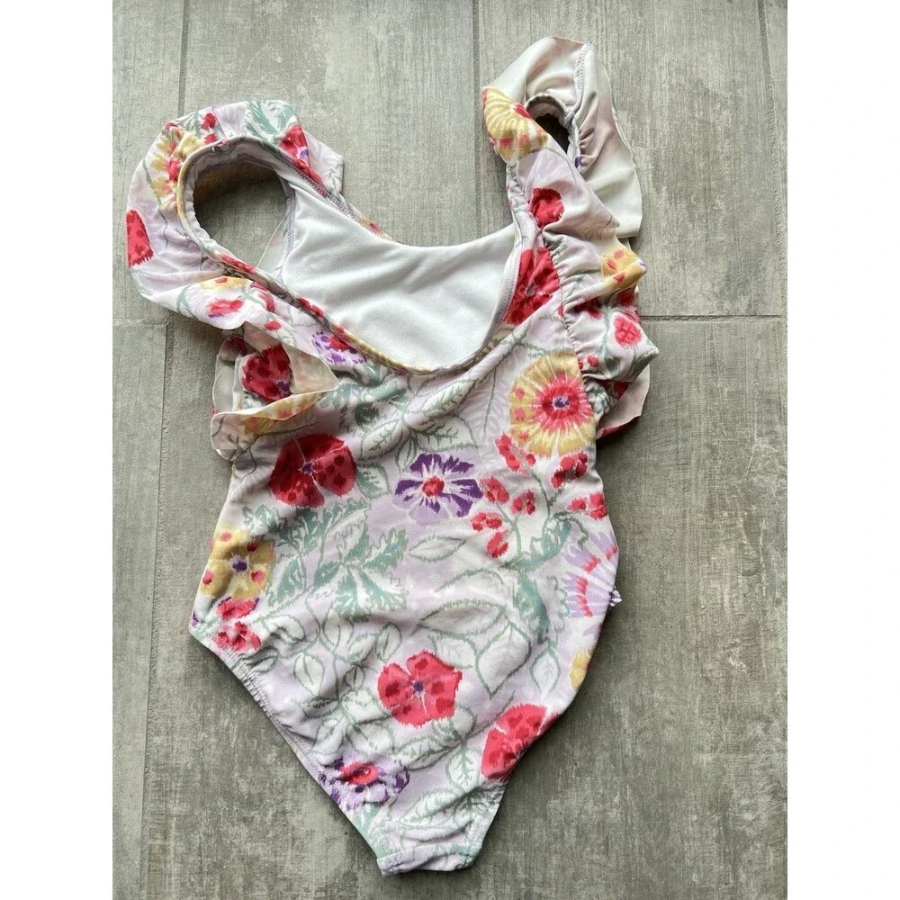 Girls One Piece Ruffle Floral Hawaiian Print Watercolor Cute Beach Swim S 5-6